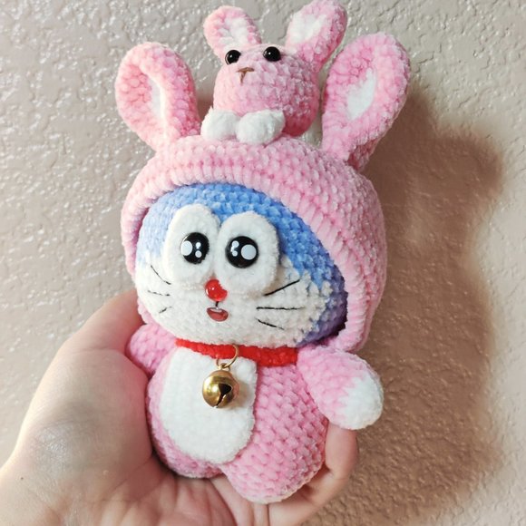 Handmade Amigurumi Crochet Doraemon Wearing a Bunny Hoodie - Picture 3 of 10